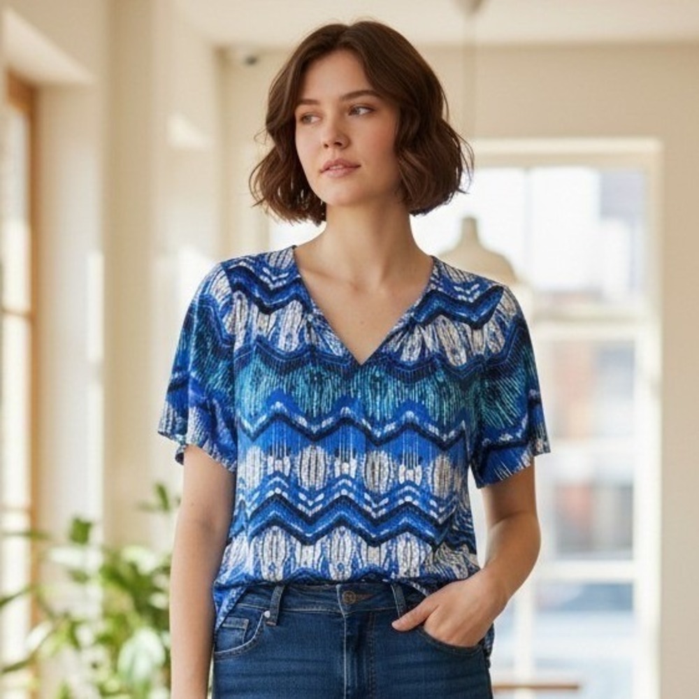 Always Indigo Women Blue Ikat Chevron V-Neck Short Sleeve Blouse XL